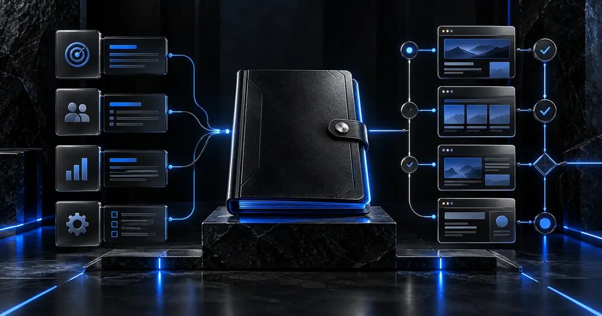 Dossier de cadrage noir relié à des modules de projet web éclairés en bleu