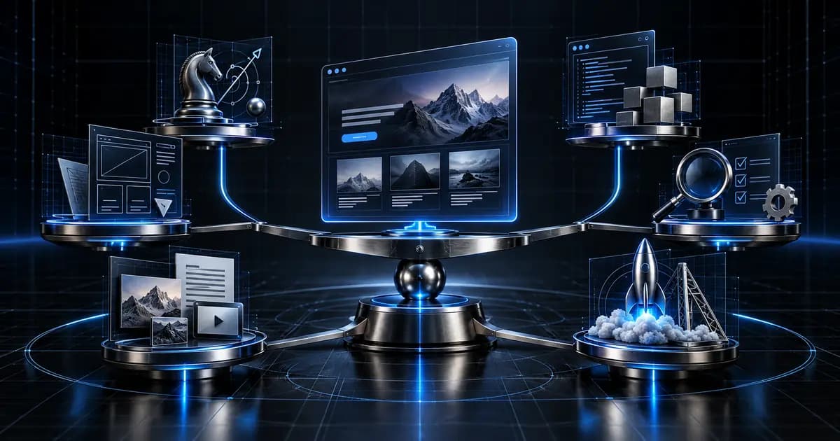Composants d’un projet web disposés autour d’une balance technologique bleue