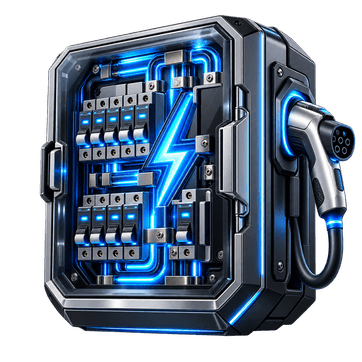 Illustration 3D d’un tableau électrique et d’une borne de recharge