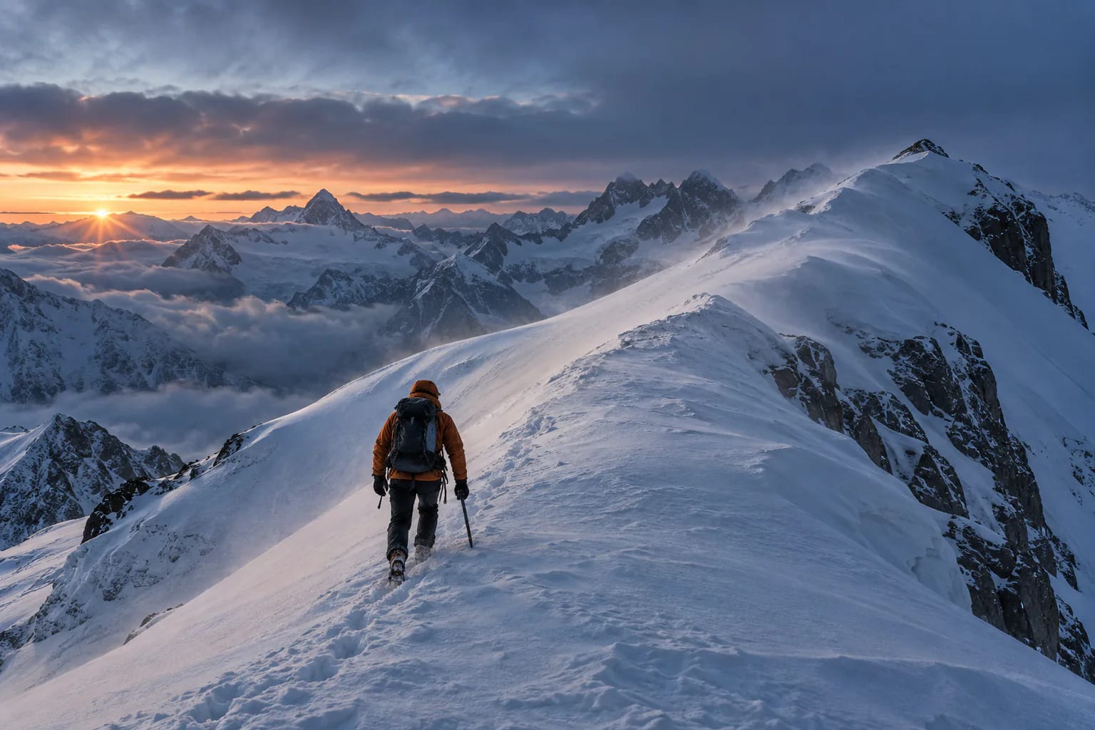 Alpiniste progressant seul sur une arête enneigée au lever du soleil