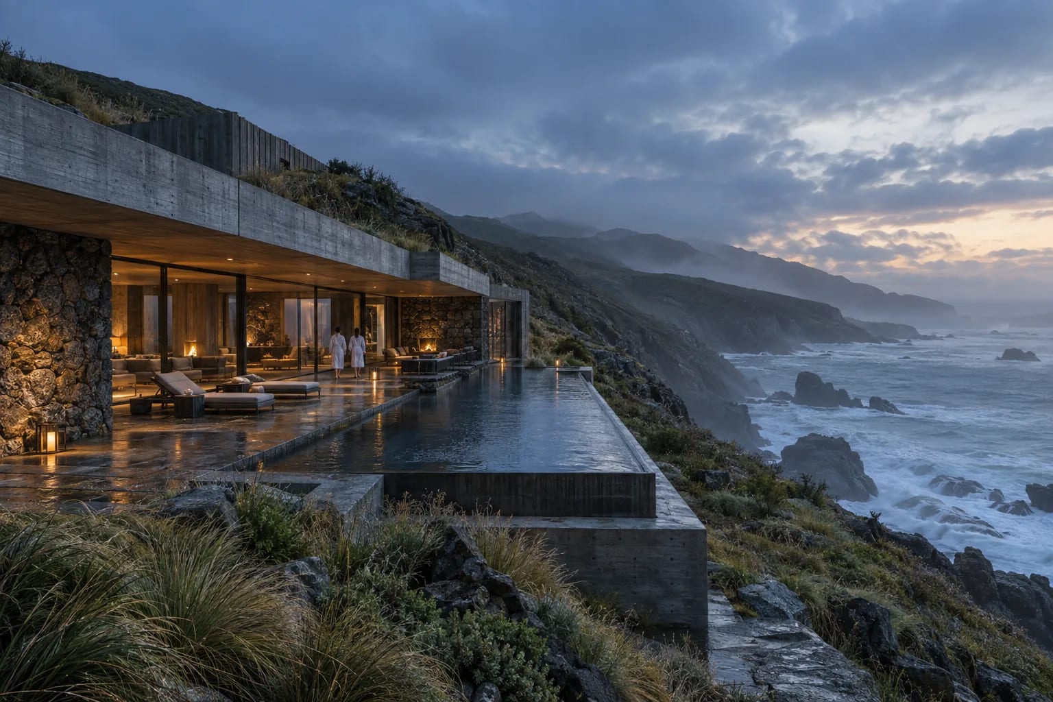 Hôtel contemporain en pierre et béton avec piscine face à une côte atlantique brumeuse