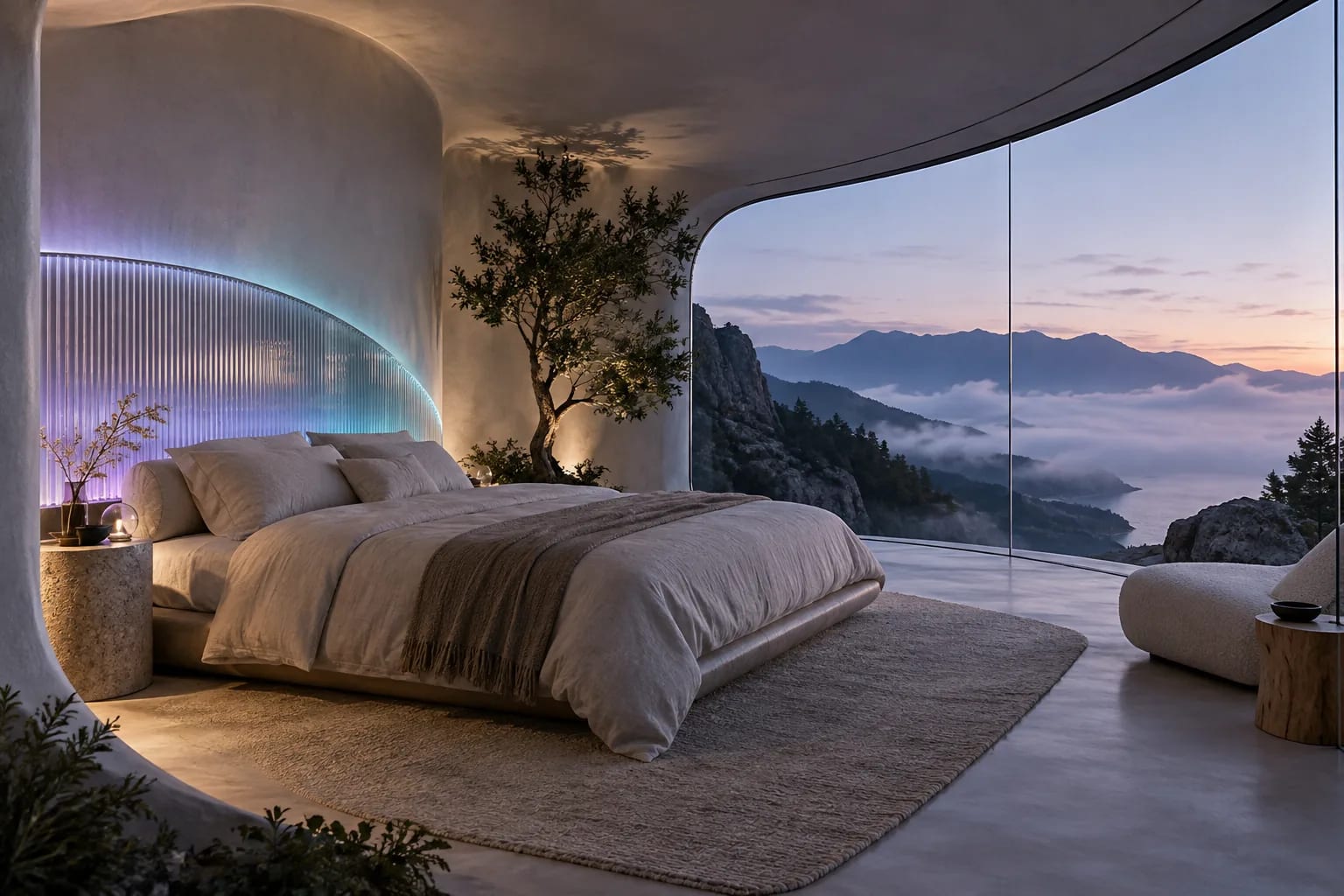 Chambre organique futuriste ouverte sur des montagnes avec tête de lit lumineuse