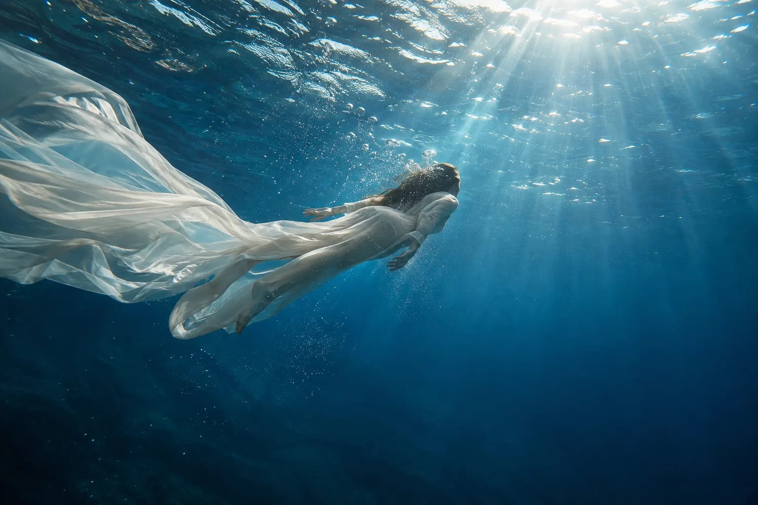 Silhouette vêtue d’ivoire dérivant sous l’eau dans des rayons de lumière bleue