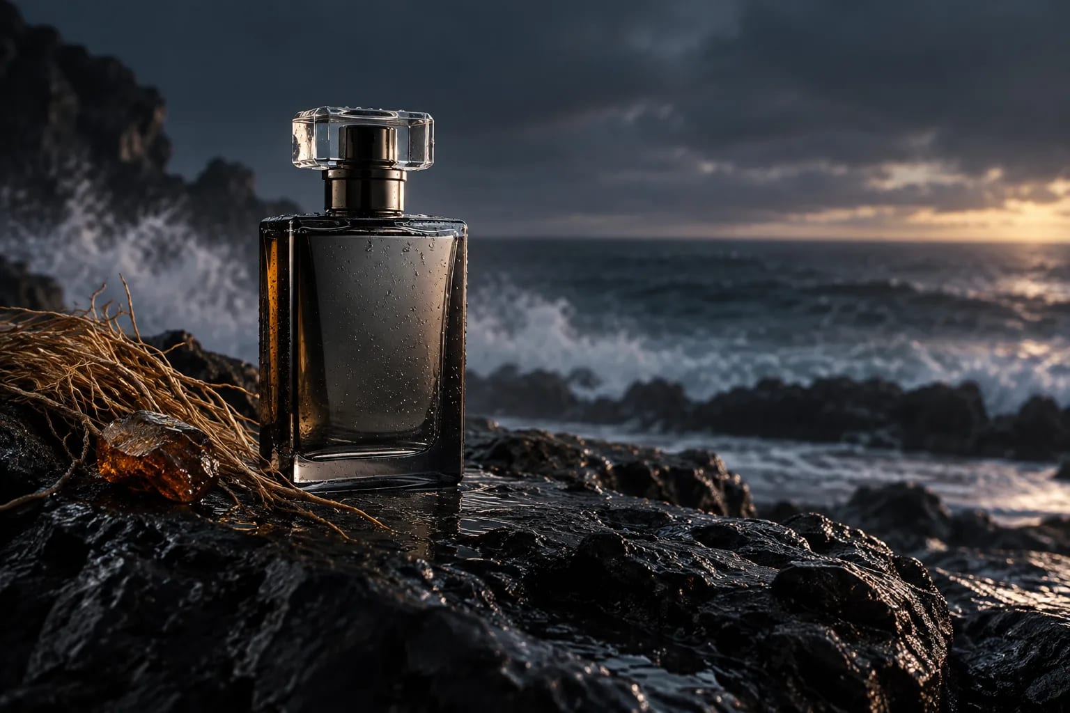 Flacon de parfum fumé posé sur du basalte mouillé face à un océan sombre