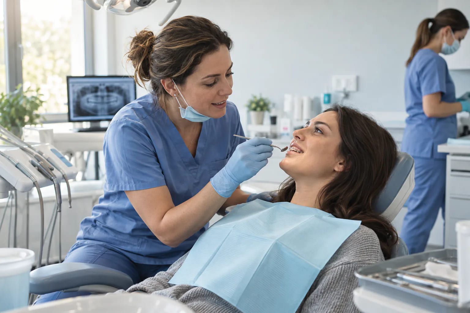 Dentiste examinant avec précision l’appareil orthodontique d’une jeune patiente dans un cabinet clair
