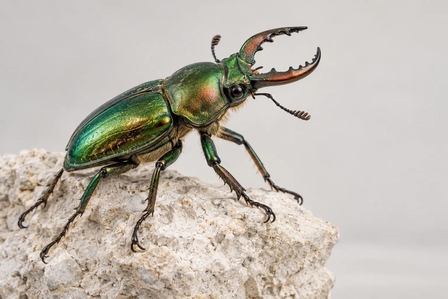 Macro détaillée d’un lucane aux reflets vert émeraude avançant sur une pierre calcaire claire