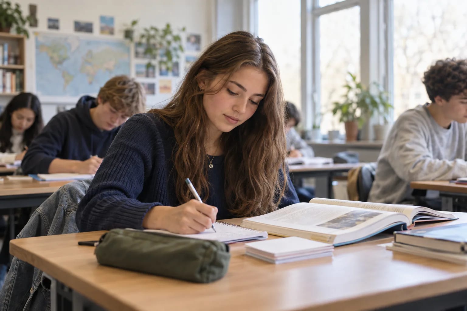 Élève adolescente écrivant avec concentration dans un cahier près d’une fenêtre de classe