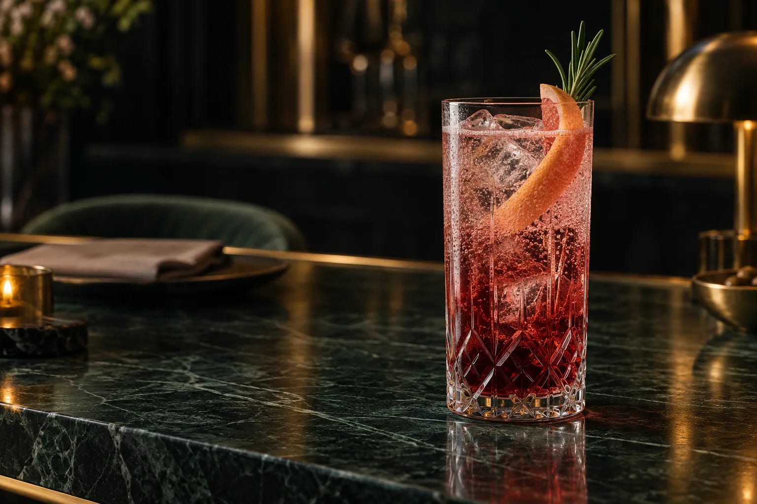 Cocktail sans alcool rouge grenat servi dans un verre sculptural sur un comptoir de marbre vert sombre