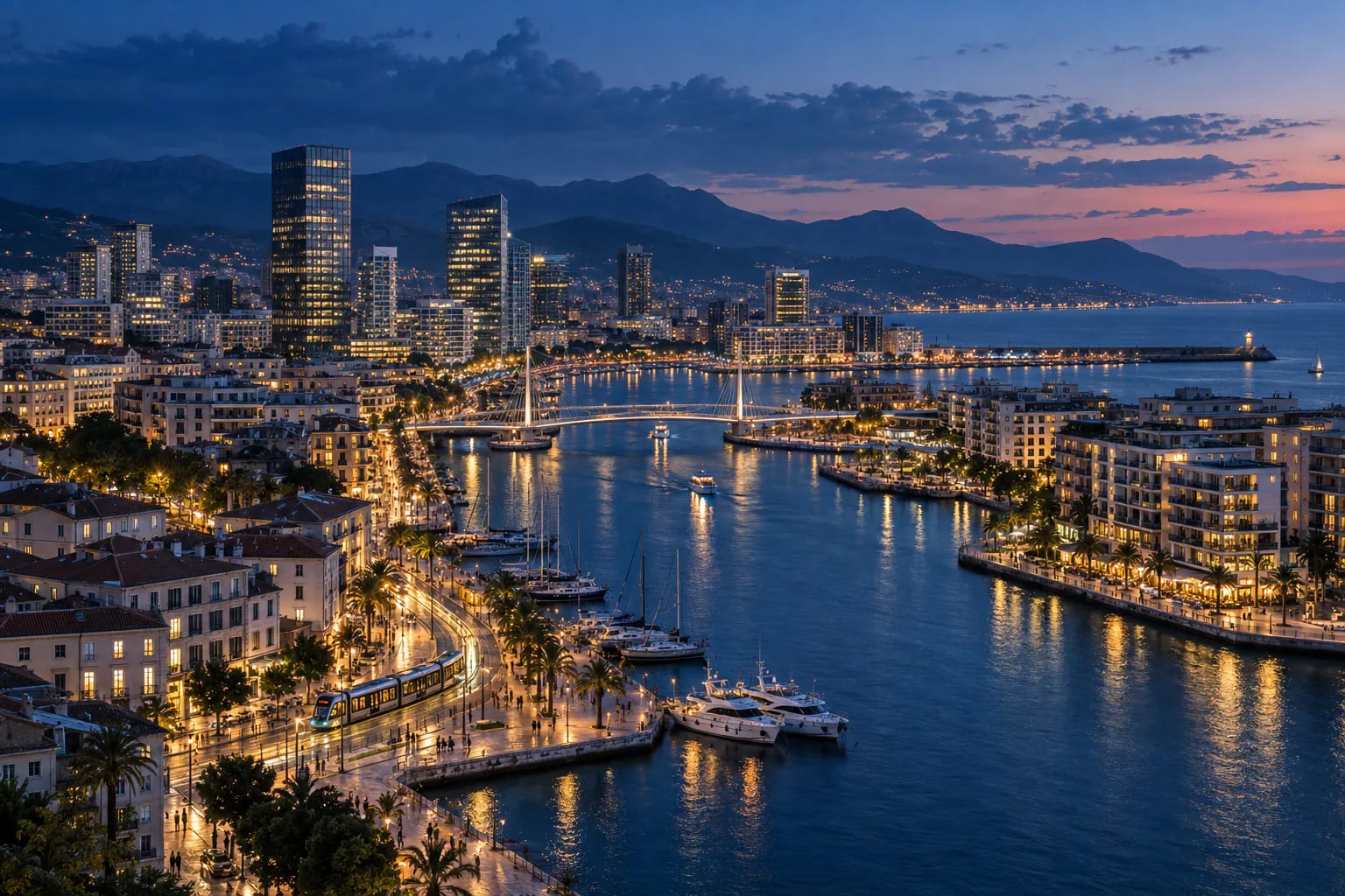 Front de mer méditerranéen animé par un tramway et les lumières d’une marina à l’heure bleue