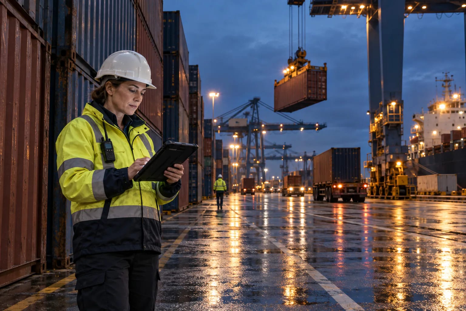Ingénieure logistique utilisant une tablette devant des portiques et conteneurs à l’heure bleue