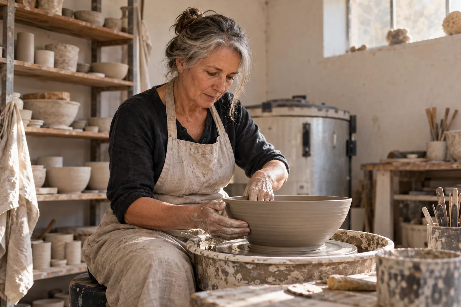 Céramiste d’âge mûr façonnant un grand bol en grès sur son tour dans un atelier lumineux