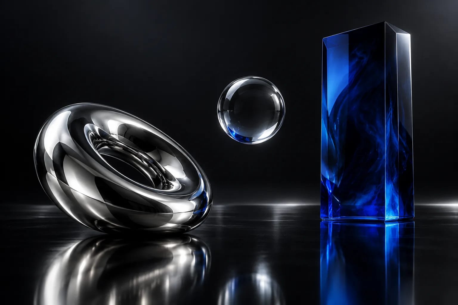 Sculptures abstraites en chrome liquide et verre cobalt sur un fond noir