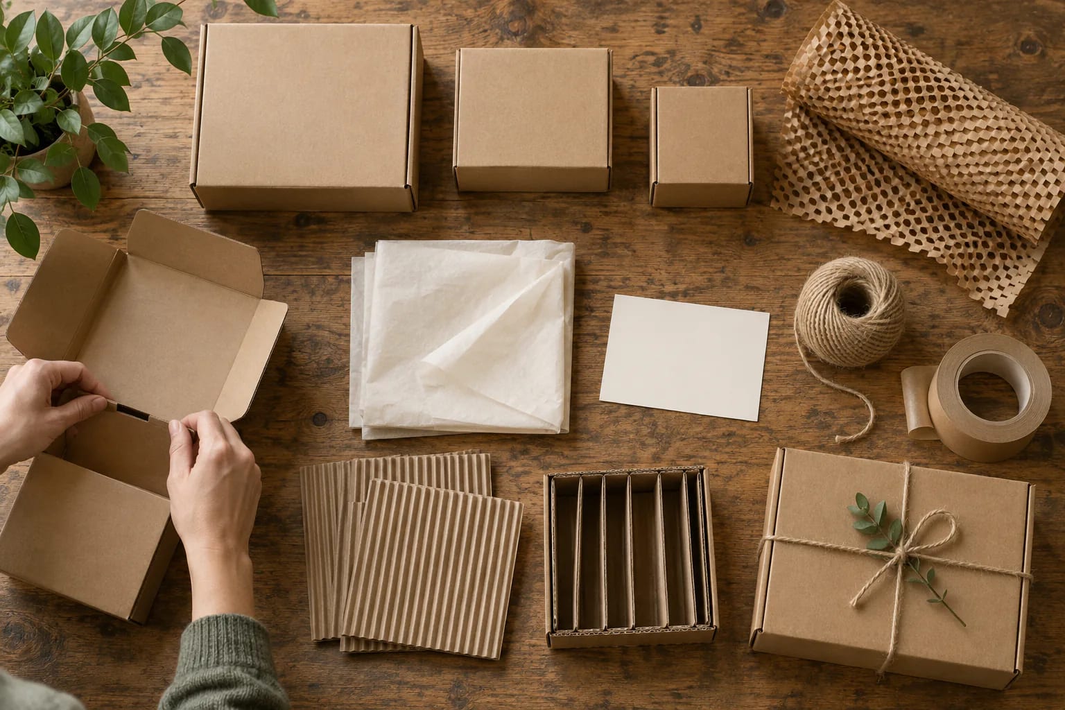 Composition vue du dessus de papiers kraft, carton alvéolé et emballages responsables manipulés à la main