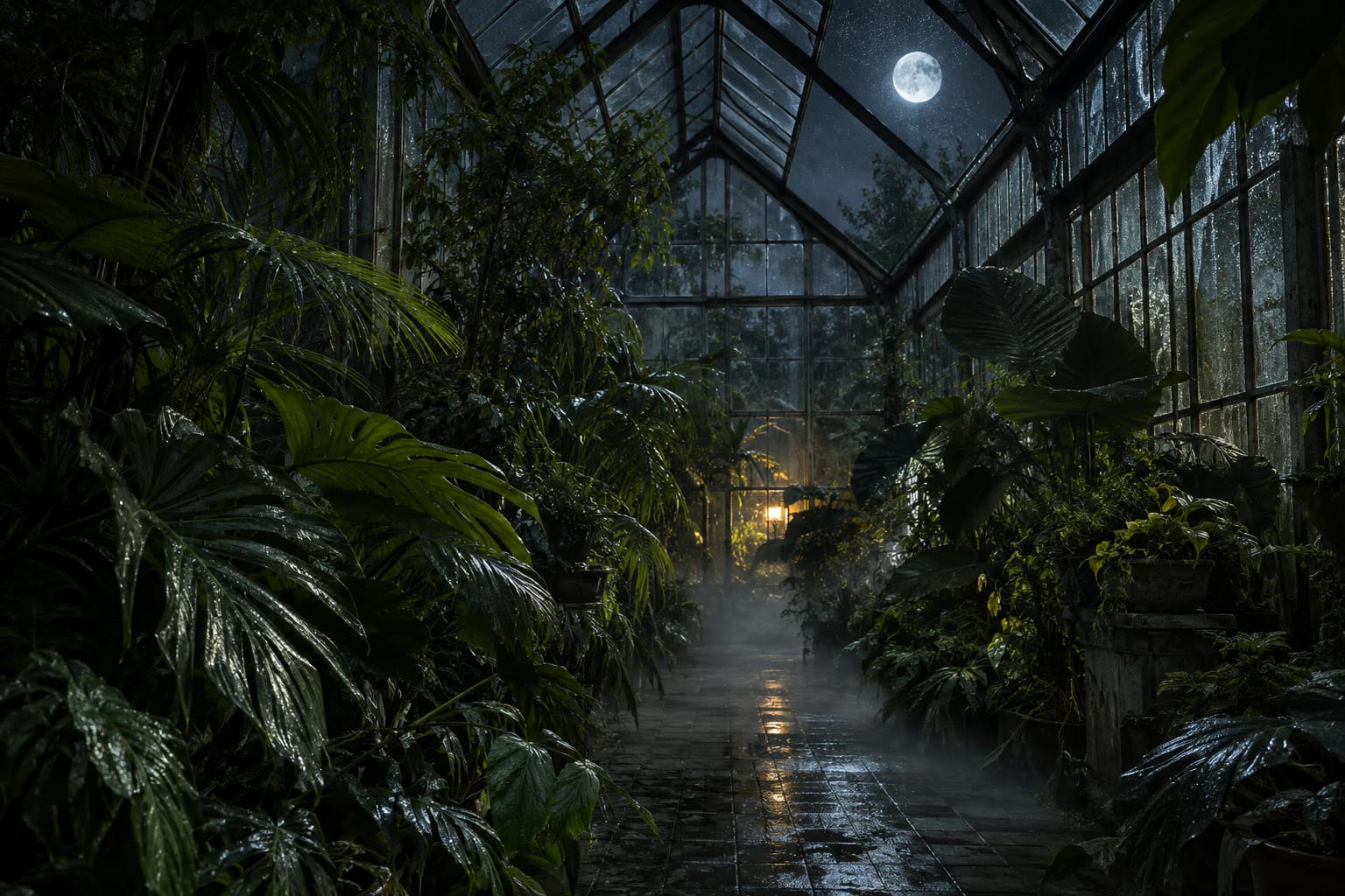 Serre tropicale humide éclairée par la lune pendant la nuit