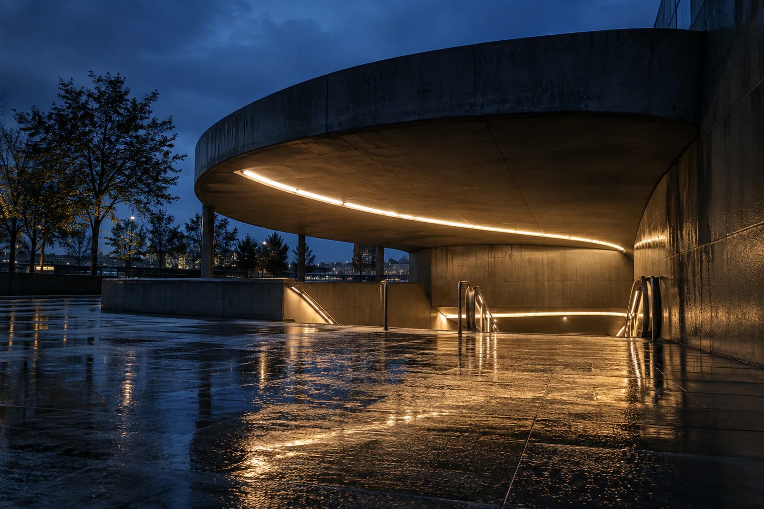 Entrée contemporaine en béton éclairée d’une ligne ambrée après la pluie