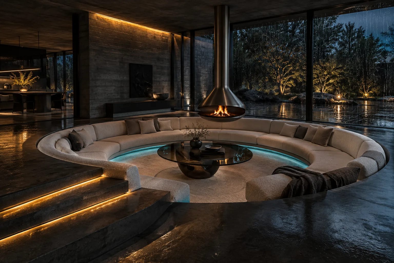 Salon circulaire futuriste en béton sombre éclairé de cyan et d’ambre sous la pluie