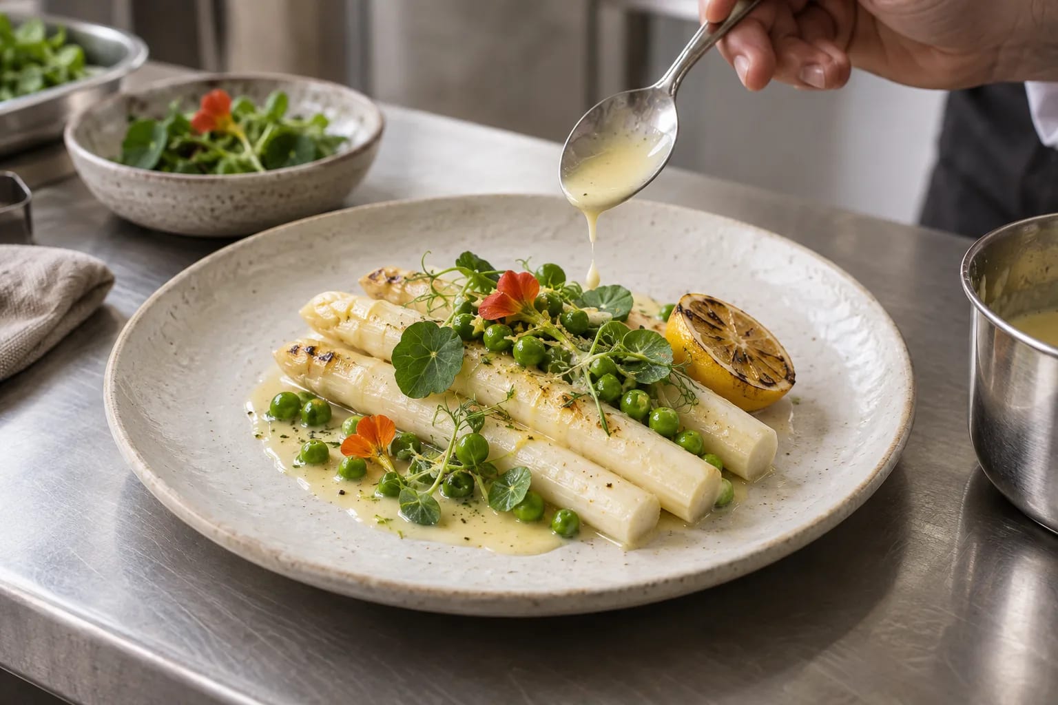 Chef dressant une assiette d’asperges blanches et de petits pois dans une cuisine professionnelle