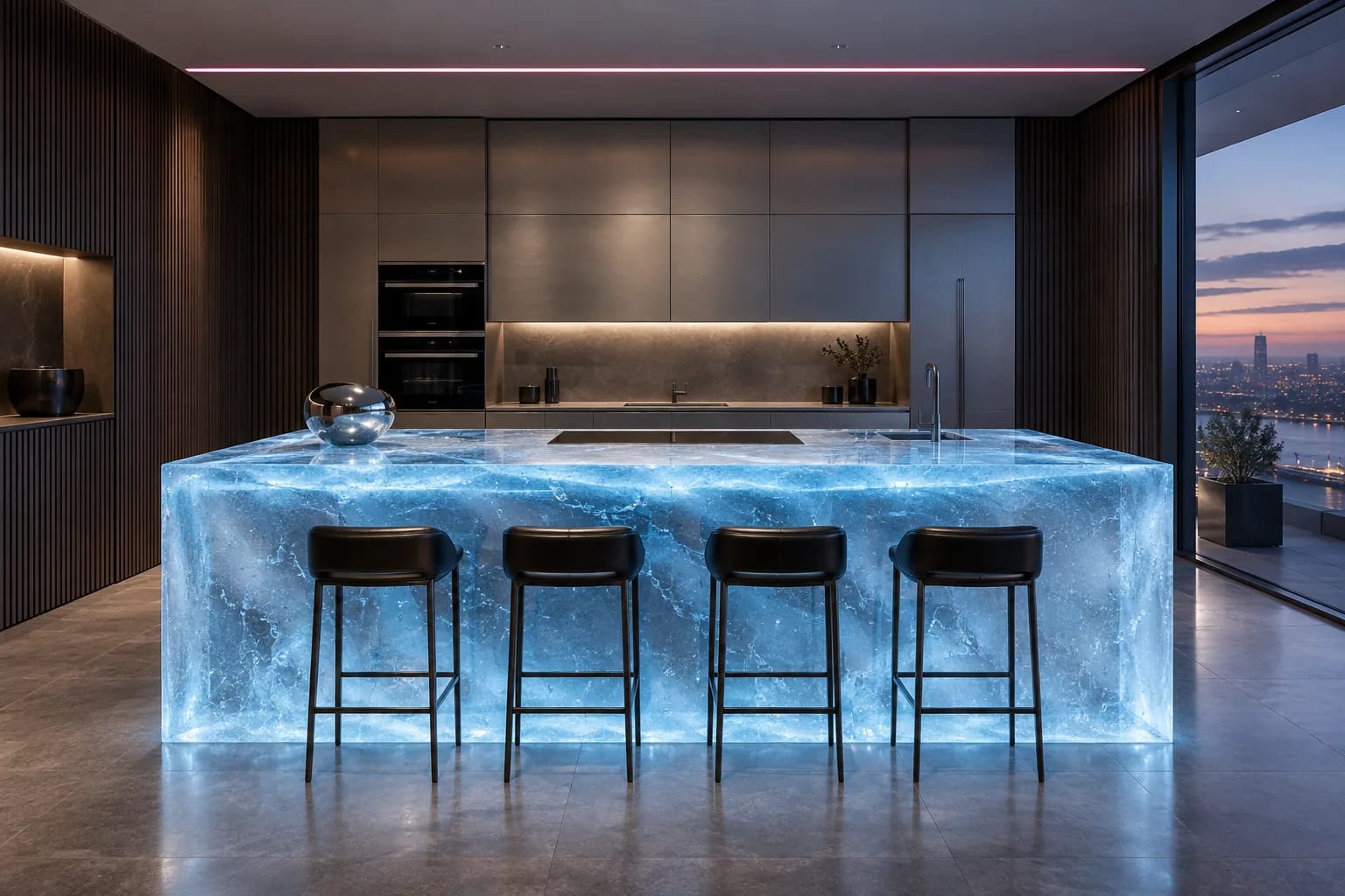 Cuisine futuriste avec îlot translucide bleu et ligne lumineuse magenta