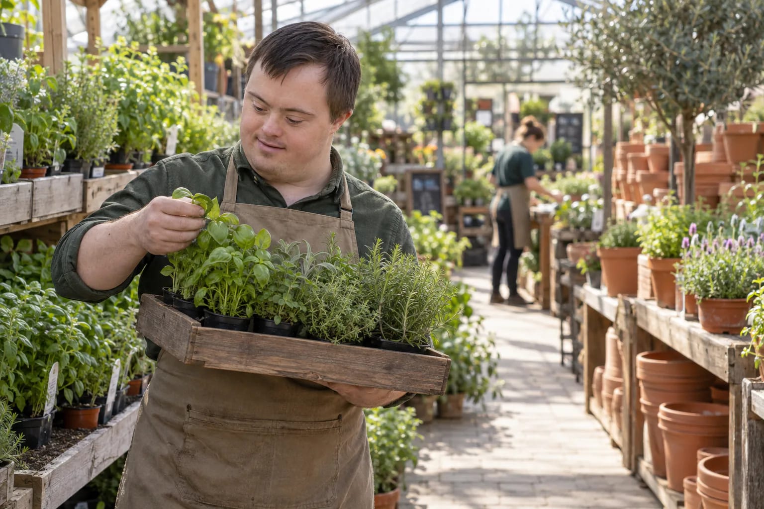 Employé porteur de trisomie 21 transportant de jeunes plants dans une jardinerie lumineuse