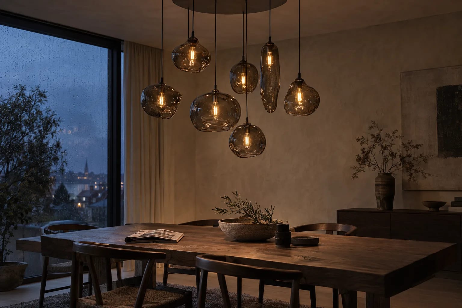 Sept suspensions en verre fumé éclairées au-dessus d’une table en chêne un soir de pluie
