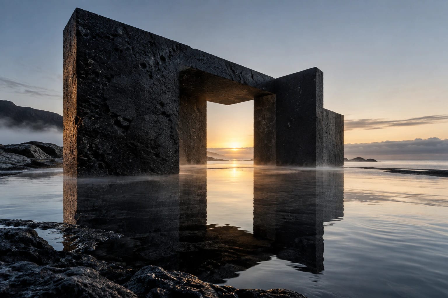Pavillon monumental en basalte noir reflété dans une eau calme au lever du jour