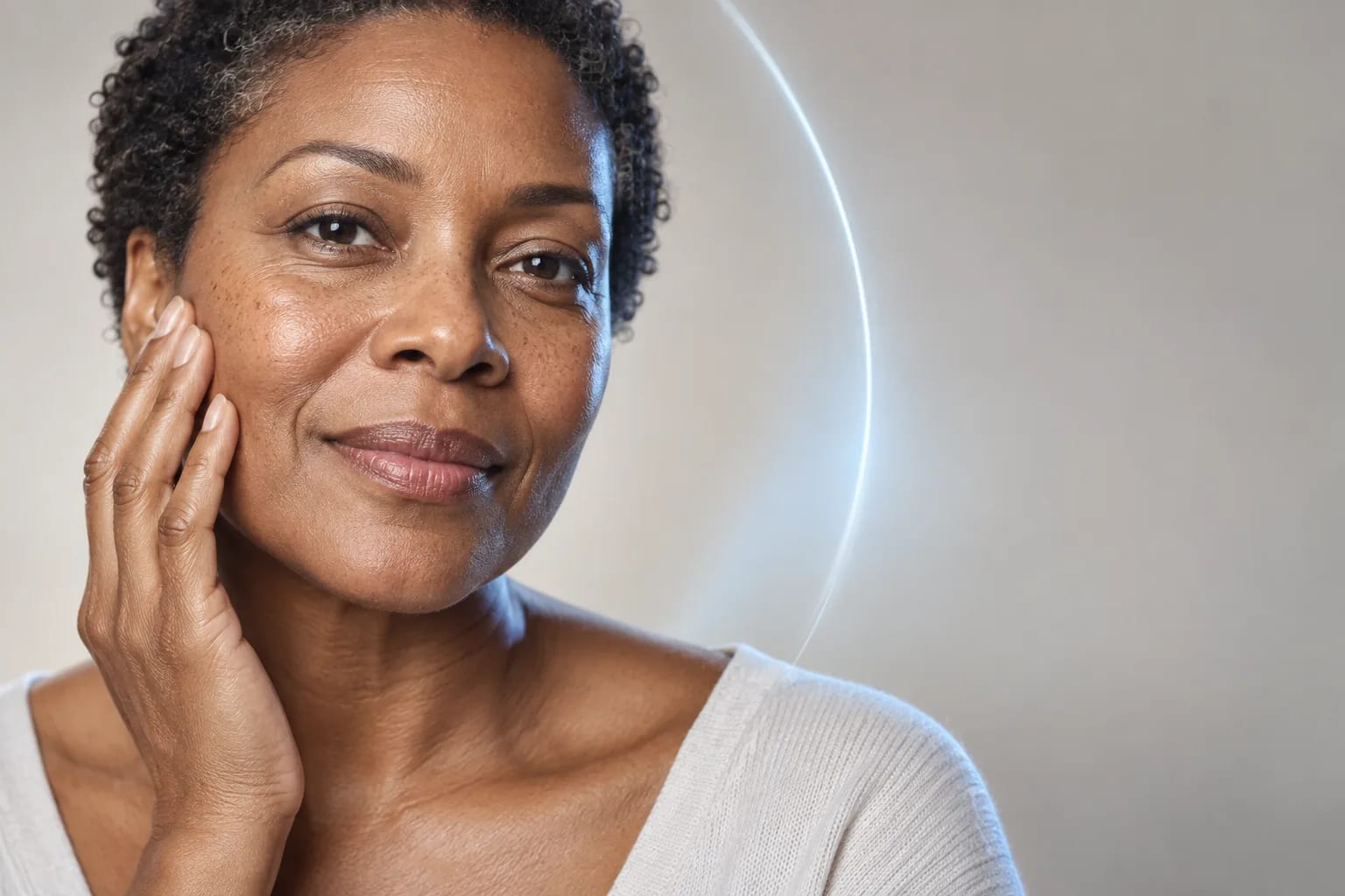 Portrait rapproché d’une femme noire d’âge mûr touchant doucement sa joue dans une lumière naturelle