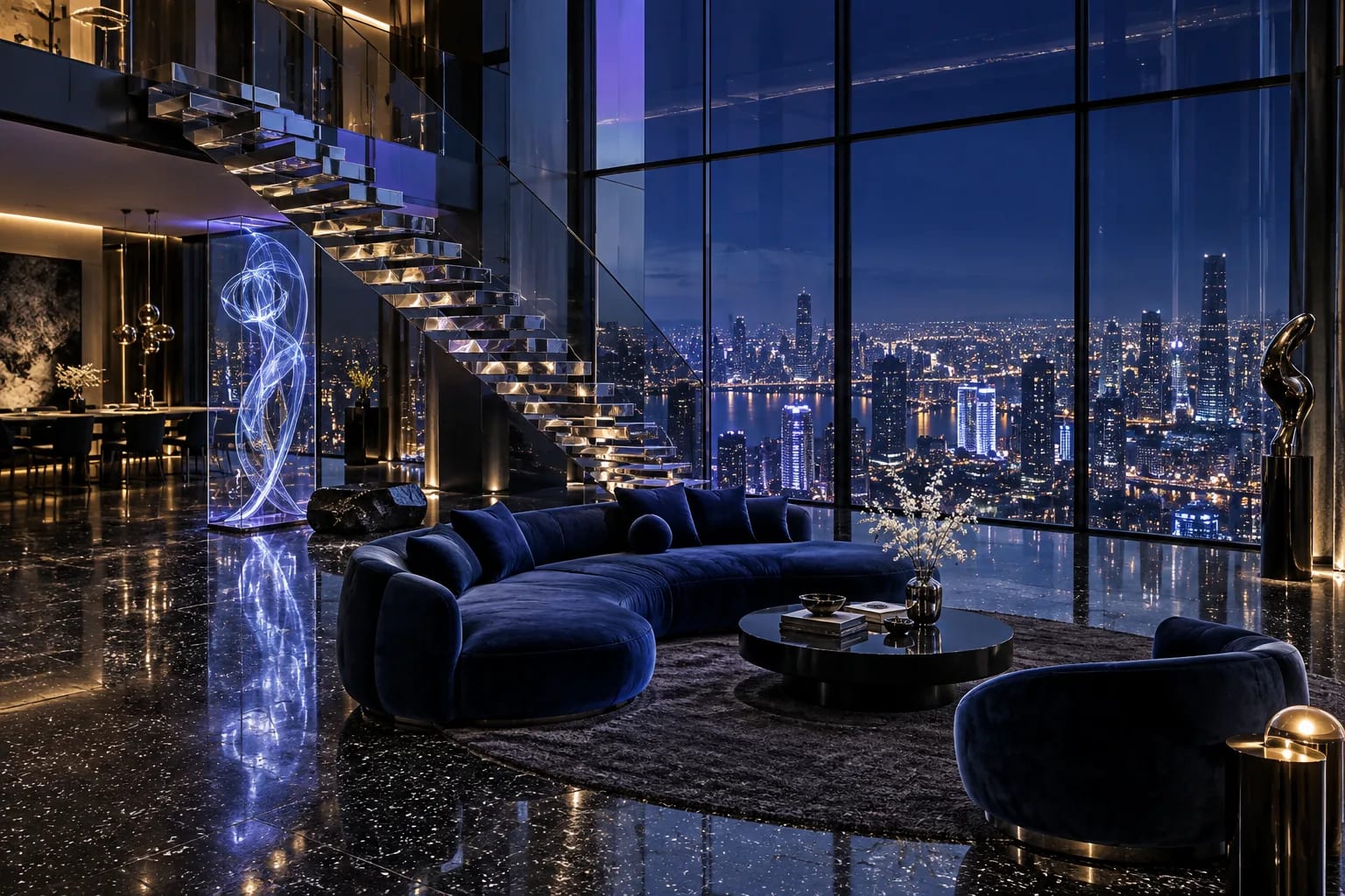 Loft futuriste vitré avec escalier chromé et vue nocturne sur une ville lumineuse