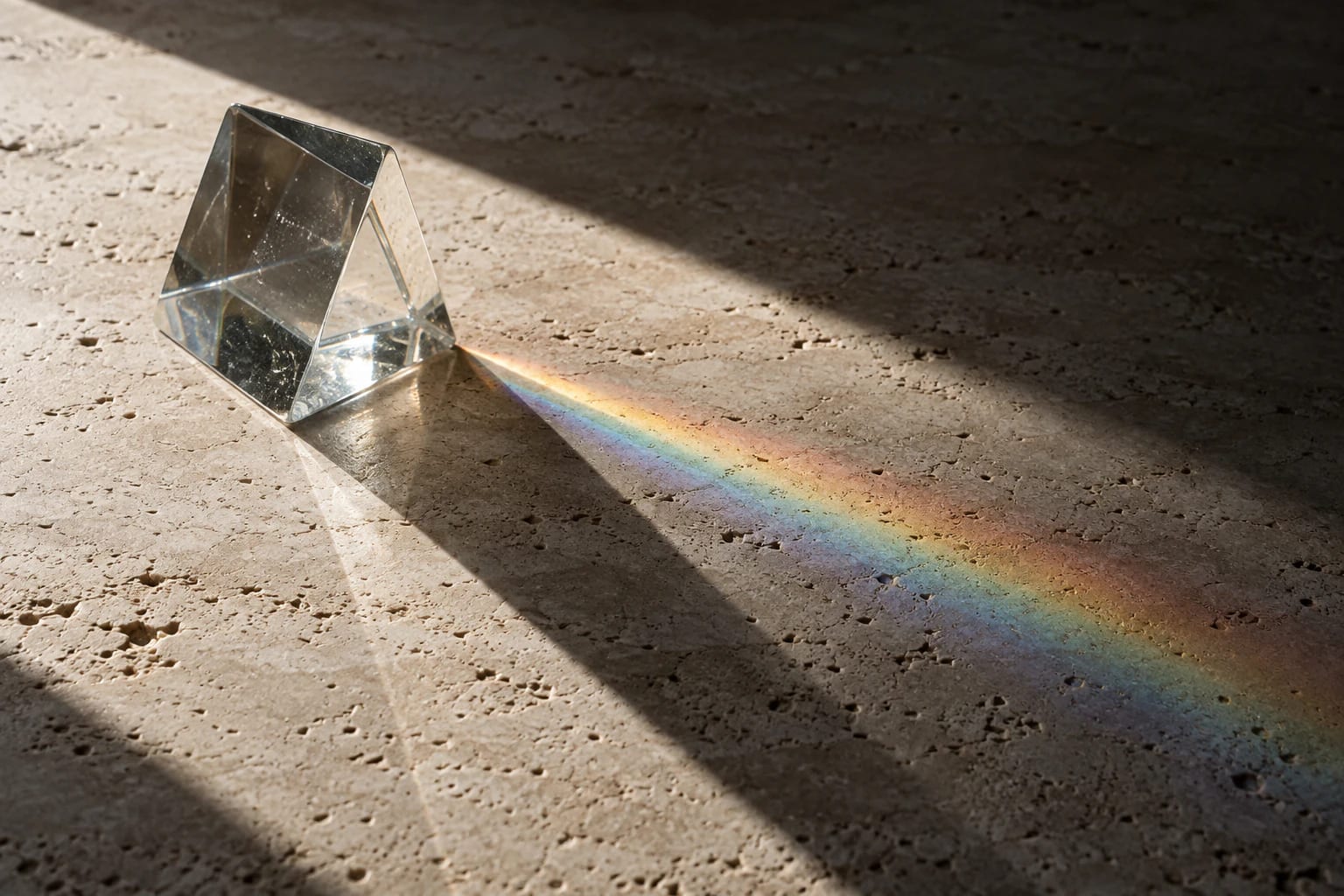 Prisme de verre projetant un spectre lumineux sur une pierre claire