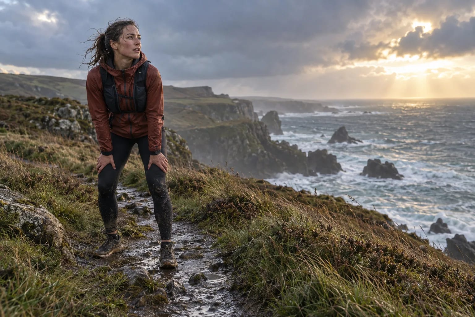 Traileuse en tenue technique graphite sur un sentier côtier après la pluie