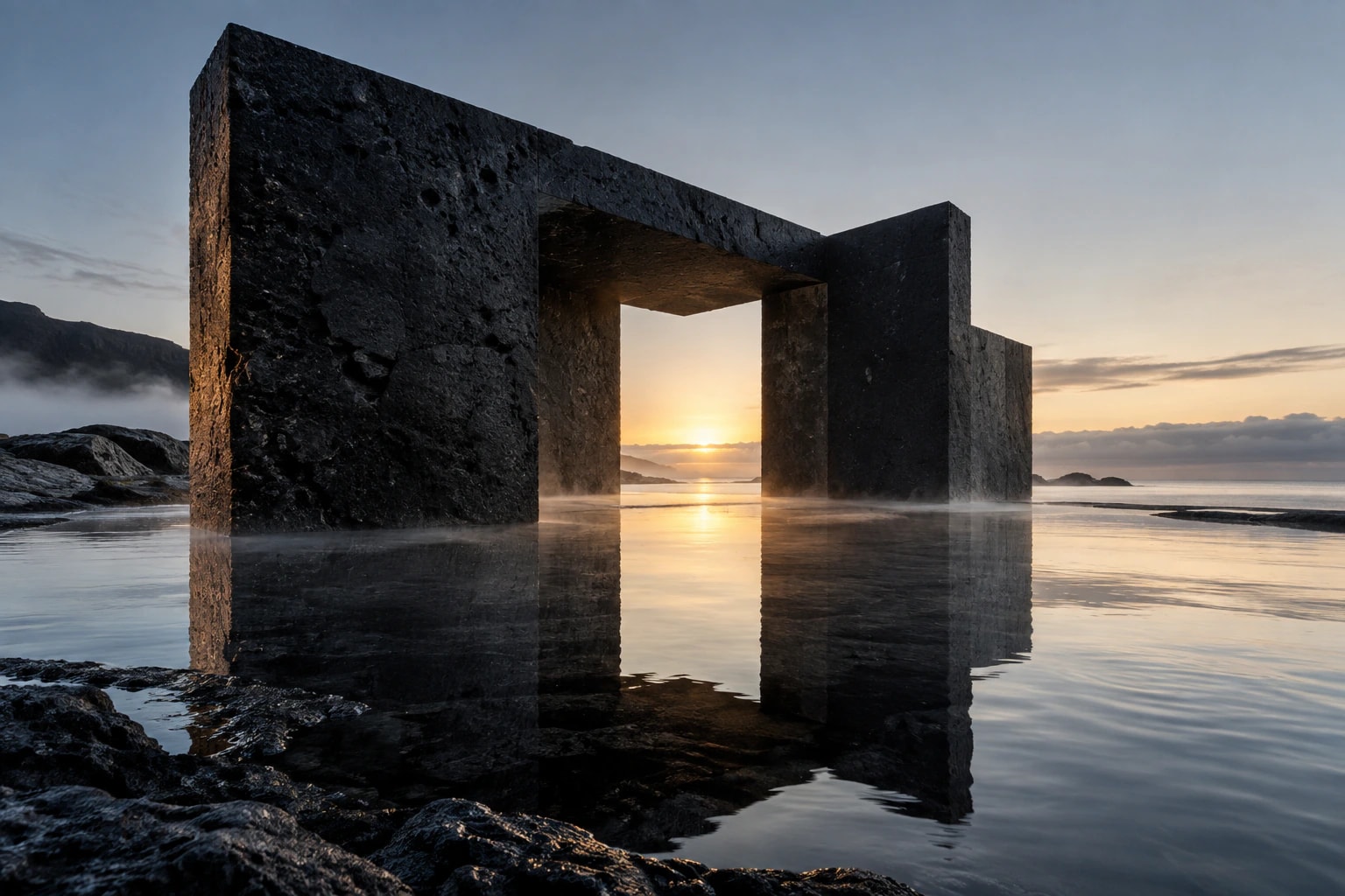 Pavillon monumental en basalte noir reflété dans une eau calme au lever du jour