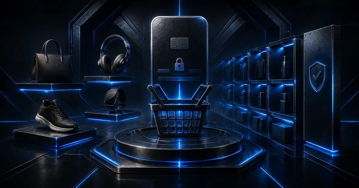 Boutique en ligne futuriste avec panier, produits et paiement sécurisé en métal bleu
