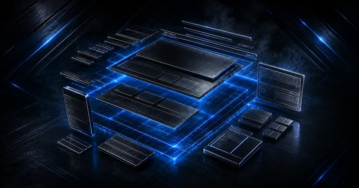 Architecture de pages web en métal sombre assemblée sur une grille lumineuse bleue
