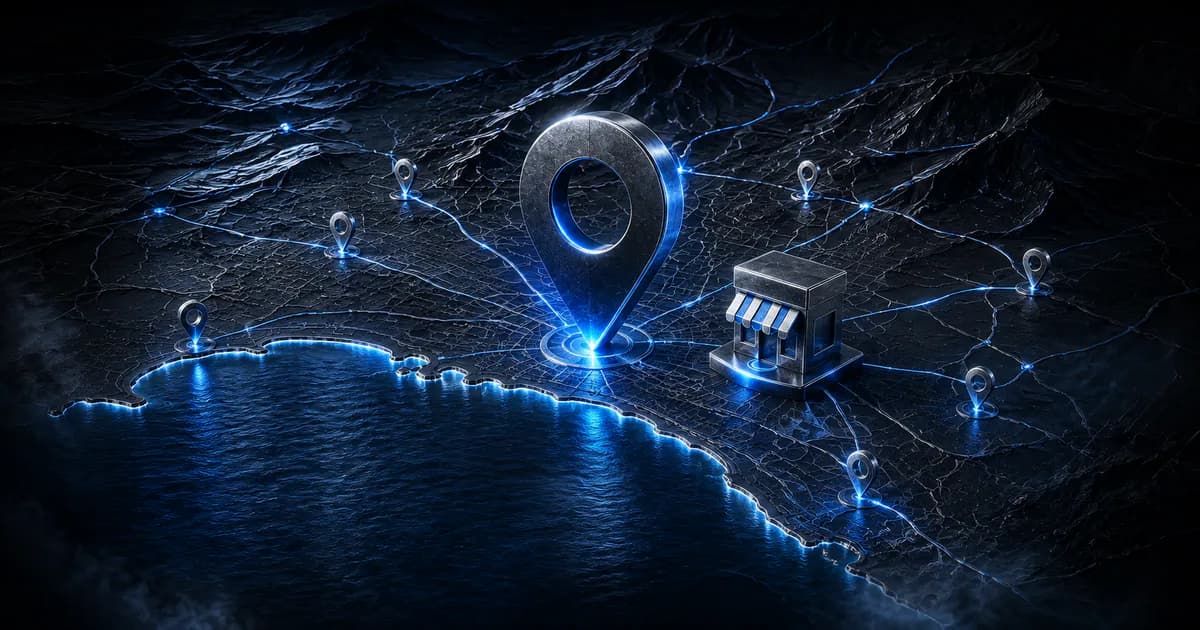 Carte côtière sombre avec repère lumineux sur Nice et connexions d’entreprises locales