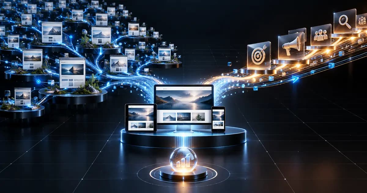 Flux SEO bleu et flux publicitaire doré convergeant vers un site web responsive