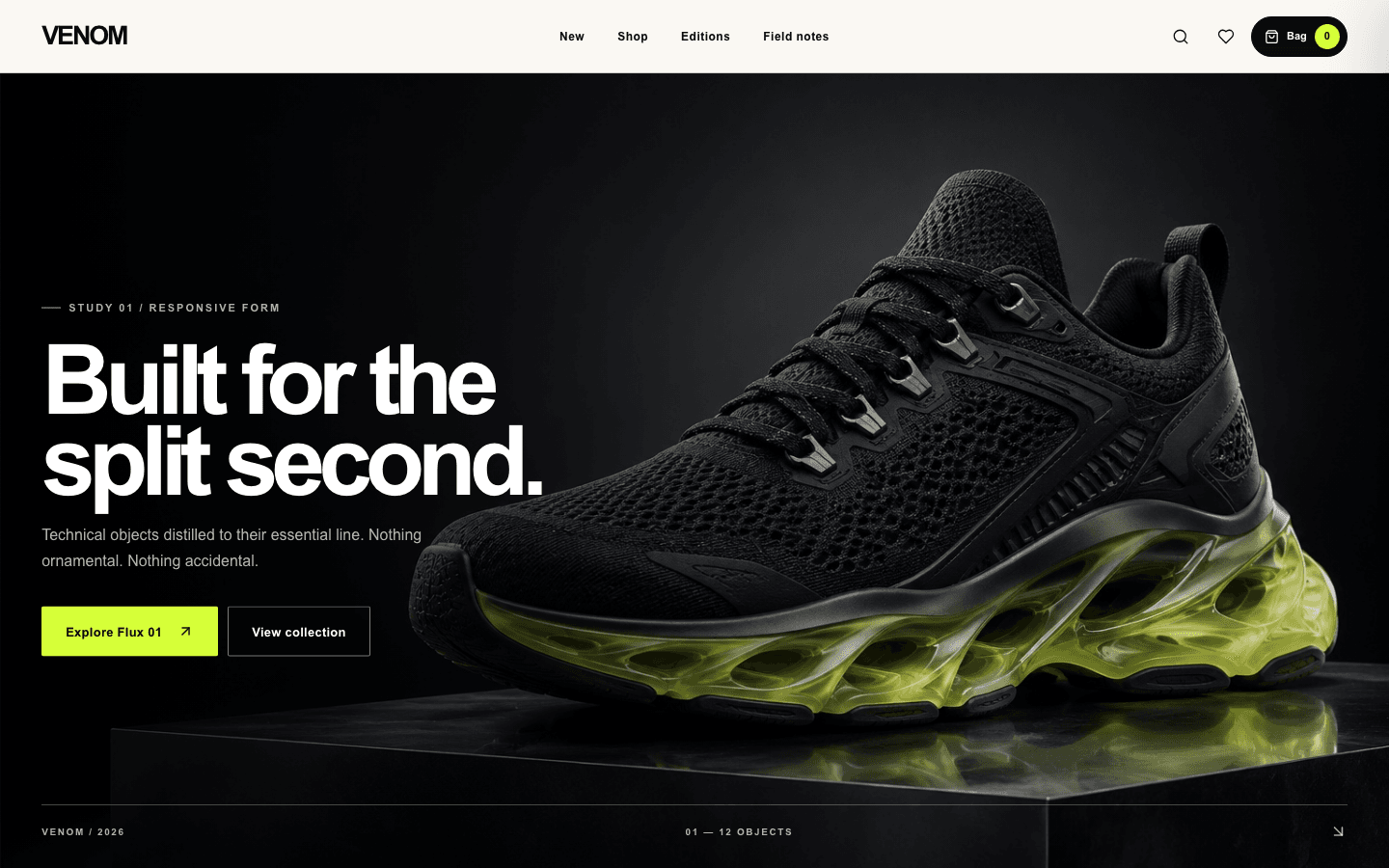 Venom storefront showing navigation, hero content and a black technical shoe with a bright sole
