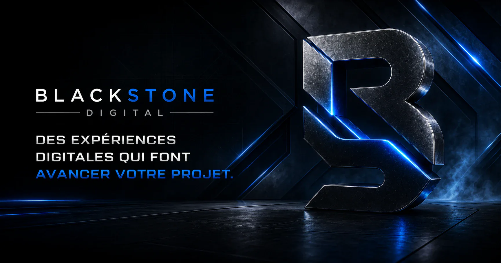 Identité visuelle métallique BlackStone Digital traversée de lignes lumineuses bleues