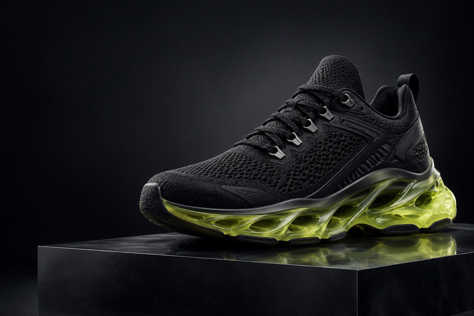 Black technical runner with an acid-coloured sole